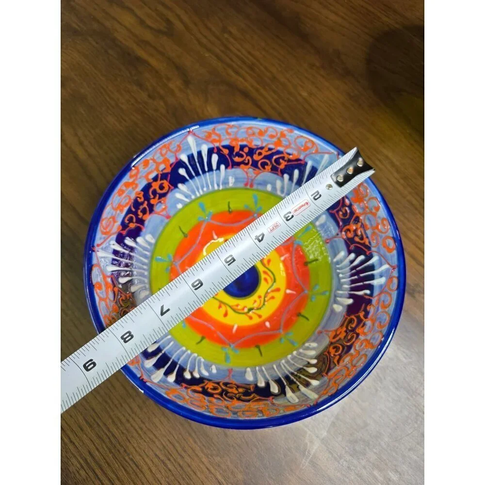 Hand-Painted Ceramic Bowl From Spain With Vibrant Blue Orange & Yellow‎ Patterns